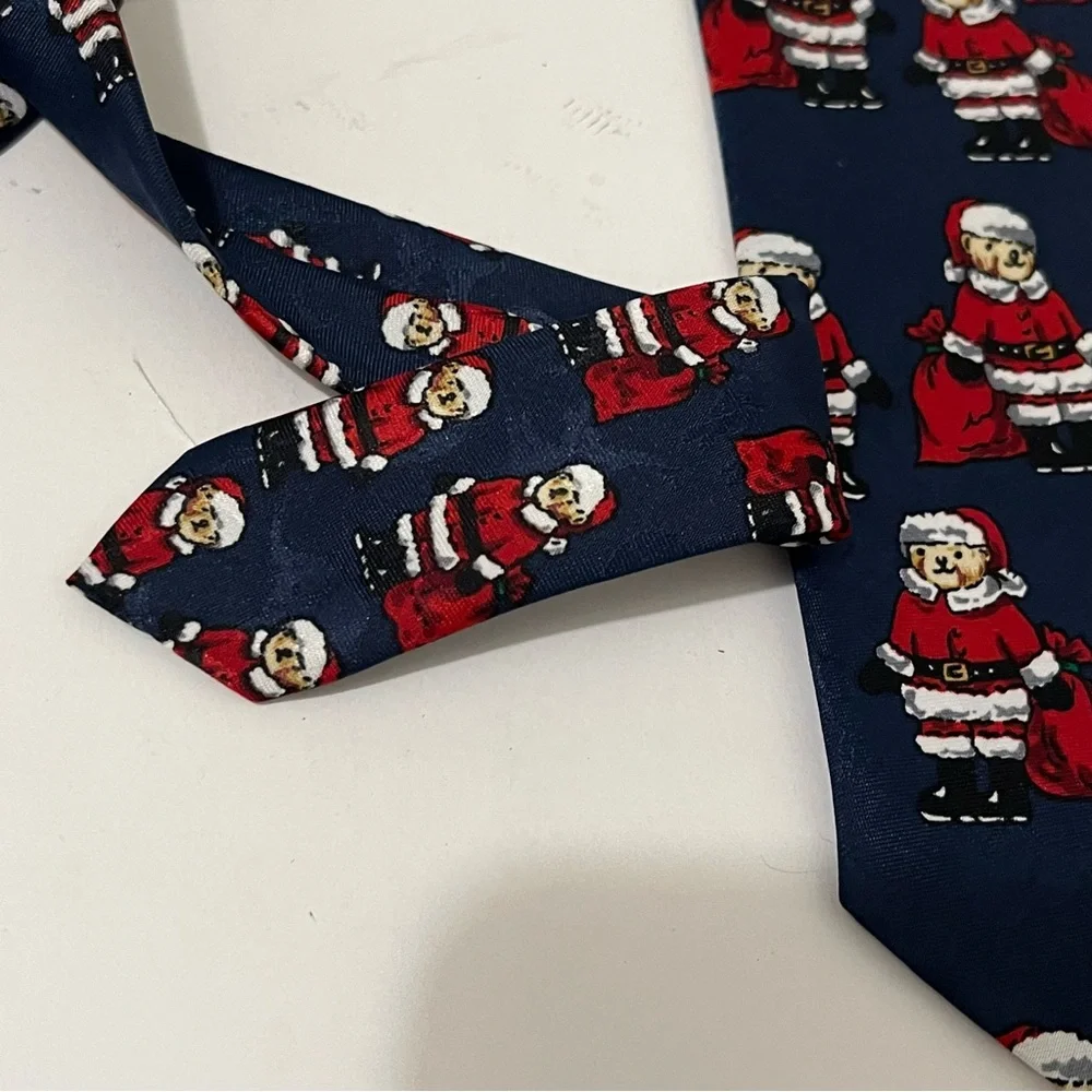 Sette & Bello Navy Blue Red Teddy Bear Santa Polyester Mens Neck Tie Christmas
